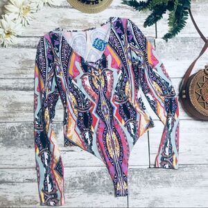 Free People Multicolor Paisley Bodysuit Blouse NWT Boho Long Sleeve